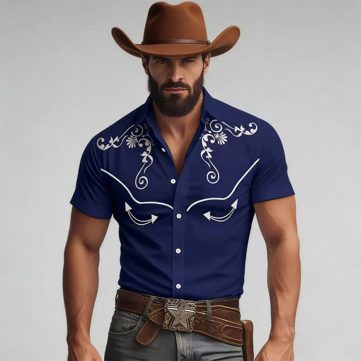 Chemise western pour homme avec empiècement contrasté imprimé en 3D et motifs à volutes. - Marine - 5XL - image 7