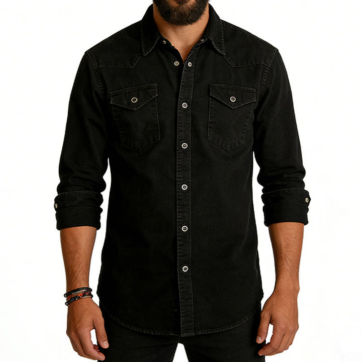 Chemise de travail en denim délavé classique pour homme, à double poche - image 2