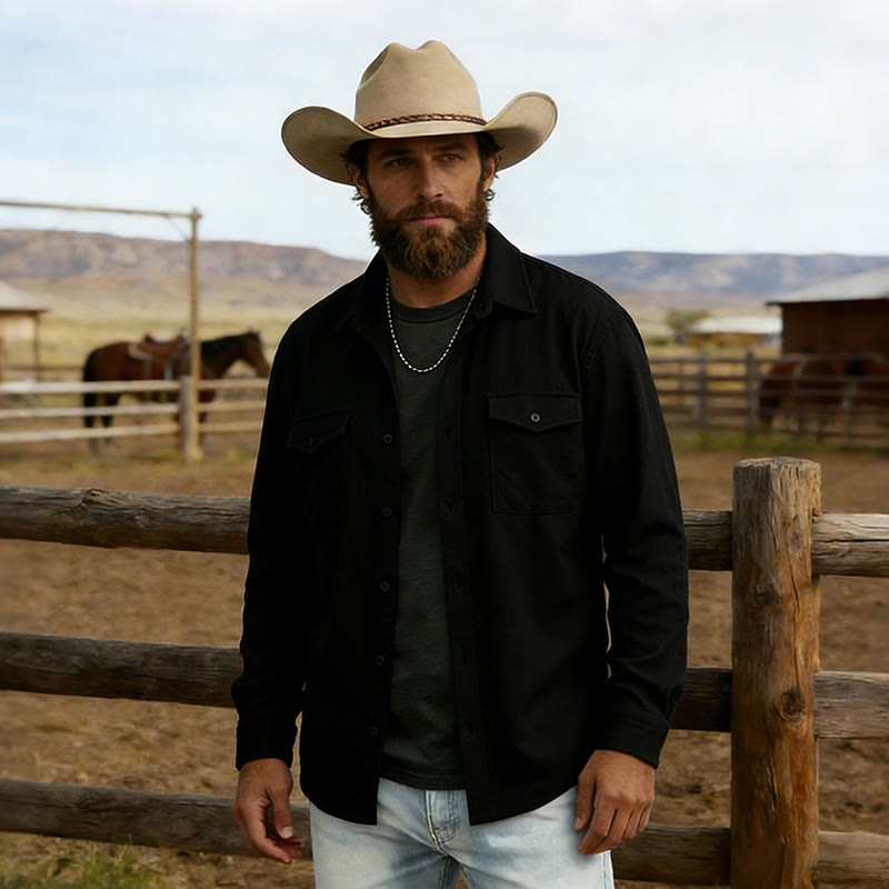 Chemise de travail rétro jacquard style cowboy à manches longues pour homme - Noir - 2XL - image 7