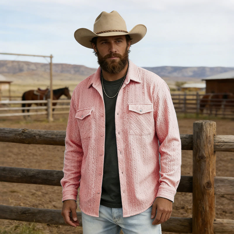Chemise de travail rétro jacquard style cowboy à manches longues pour homme - Rose - 2XL - image 5