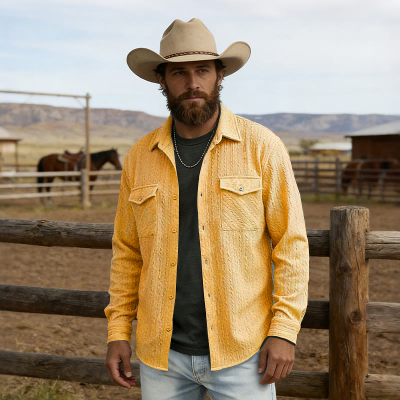 Chemise de travail rétro jacquard style cowboy à manches longues pour homme - Jaune - 2XL - image 6