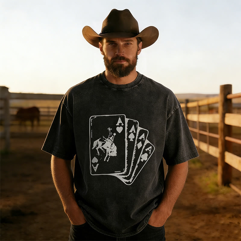 T-shirt à manches courtes imprimé style western cowboy, délavé - Noir - 3XL - image 0