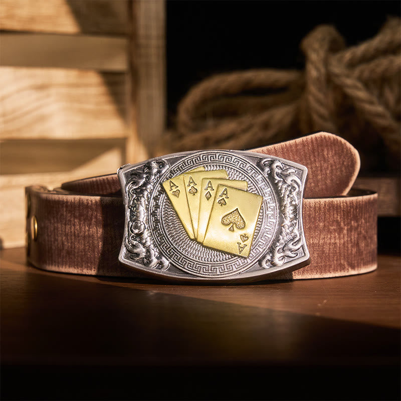 Ceinture en cuir pour homme avec couteau pliant caché et poker doré - Poker d'or - Ceinture marron vieillie - 42 - image 10