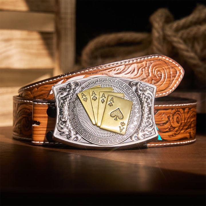 Ceinture en cuir pour homme avec couteau pliant caché et poker doré - Poker d'or - Ceinture à plumes marron - 40 - image 11