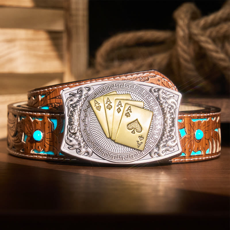 Ceinture en cuir pour homme avec couteau pliant caché et poker doré - Poker d'or - Ceinture sculptée en turquoise - 42 - image 7
