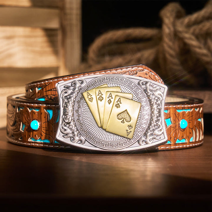 Ceinture en cuir pour homme avec couteau pliant caché et poker doré - Poker d'or - Ceinture sculptée en turquoise - 42 - image 7