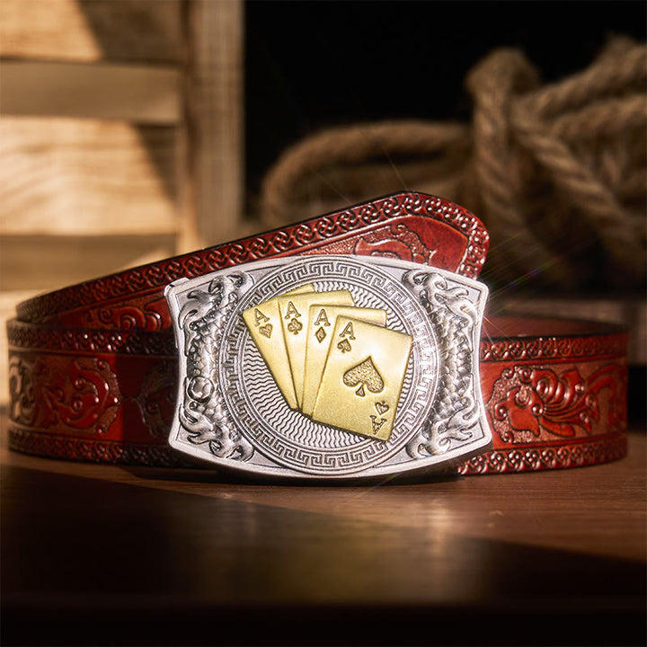 Ceinture en cuir pour homme avec couteau pliant caché et poker doré - Poker d'or - Ceinture marron sculptée - 42 - image 9