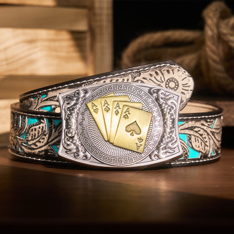 Ceinture en cuir pour homme avec couteau pliant caché et poker doré - Poker d'or - Ceinture fleurie grise - 42 - image 12