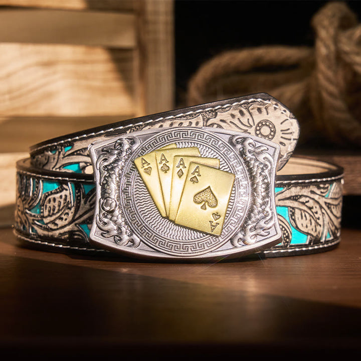 Ceinture en cuir pour homme avec couteau pliant caché et poker doré - Poker d'or - Ceinture fleurie grise - 42 - image 12