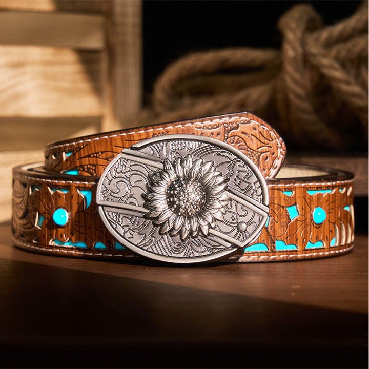 Ceinture en cuir pour homme avec couteau pliant caché tournesol - Tournesol - Ceinture sculptée en turquoise - 42 - image 7