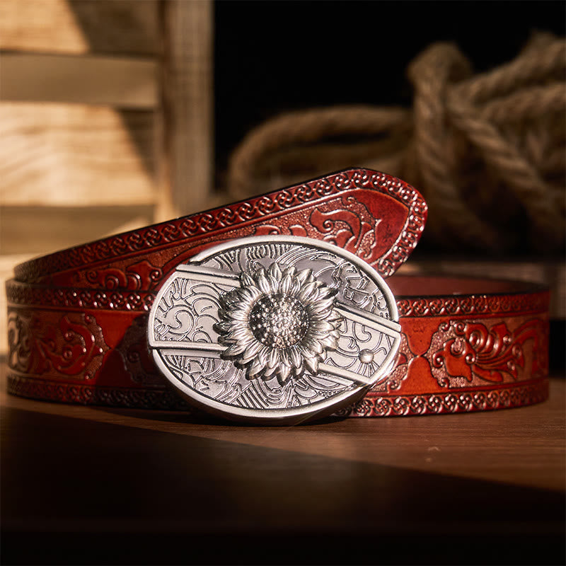 Ceinture en cuir pour homme avec couteau pliant caché tournesol - Tournesol - Ceinture marron sculptée - 42 - image 8