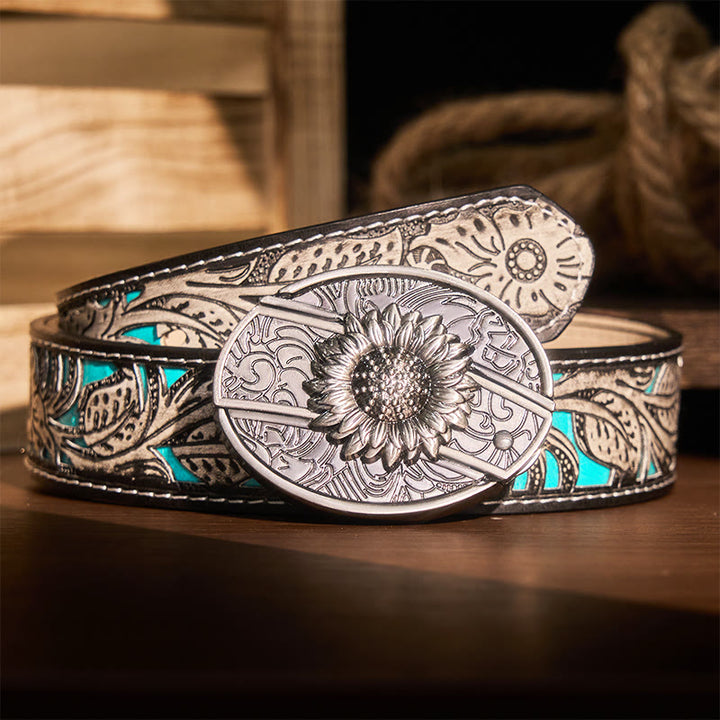 Ceinture en cuir pour homme avec couteau pliant caché tournesol - Tournesol - Ceinture fleurie grise - 42 - image 12