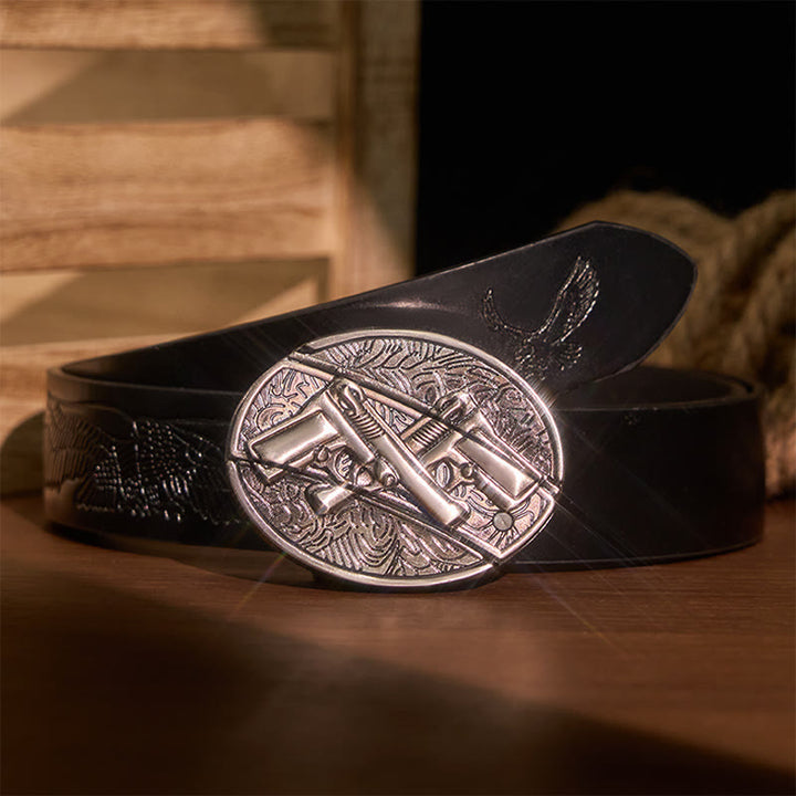 Ceinture en cuir pour homme avec couteau pliant caché à double pistolet - Pistolet double - Ceinture noire avec aigle en relief - 42 - image 6