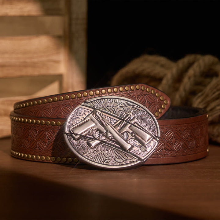Ceinture en cuir pour homme avec couteau pliant caché à double pistolet - Pistolet double - Ceinture à rivets marron - 42 - image 7