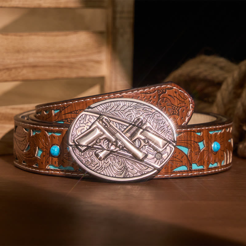 Ceinture en cuir pour homme avec couteau pliant caché à double pistolet - Pistolet double - Ceinture sculptée en turquoise - 42 - image 5