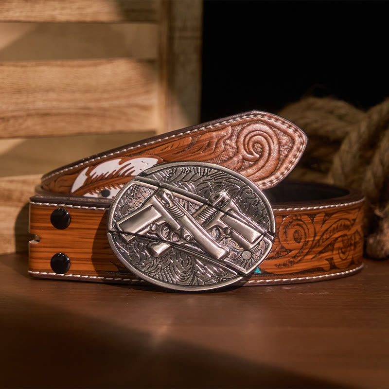 Ceinture en cuir pour homme avec couteau pliant caché à double pistolet - Pistolet double - Ceinture à plumes marron - 40 - image 9
