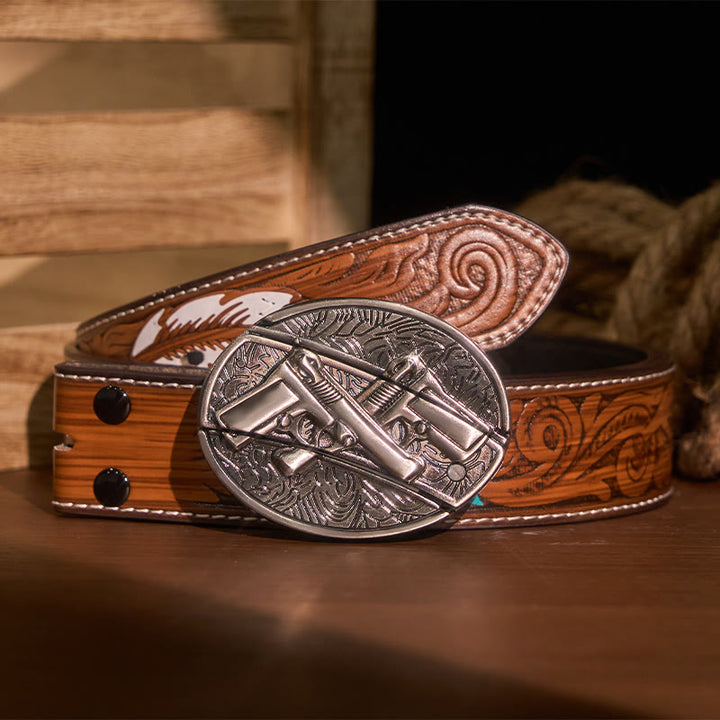 Ceinture en cuir pour homme avec couteau pliant caché à double pistolet - Pistolet double - Ceinture à plumes marron - 40 - image 9