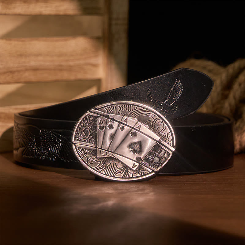 Ceinture en cuir pour homme avec couteau pliant caché Poker 4 Ace - Poker 4 As - Ceinture noire avec aigle en relief - 42 - image 6