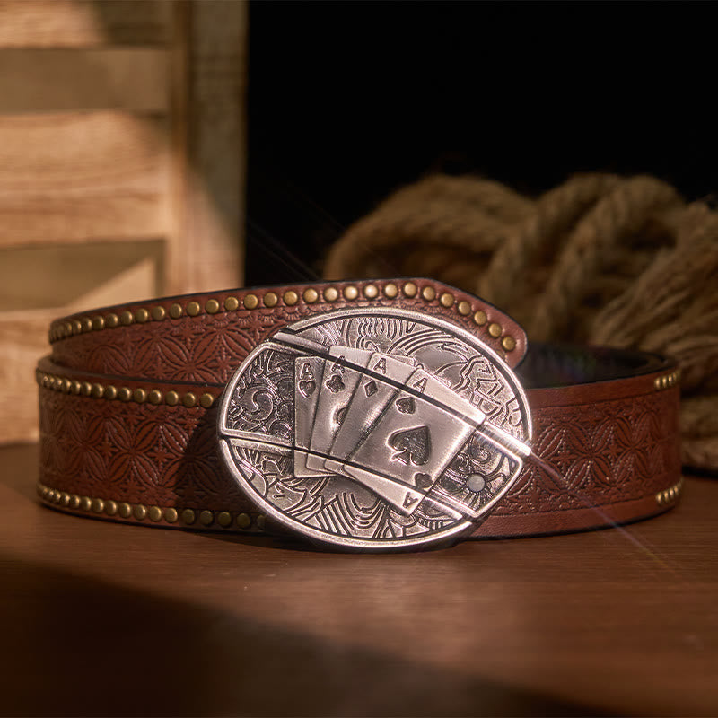 Ceinture en cuir pour homme avec couteau pliant caché Poker 4 Ace - Poker 4 As - Ceinture à rivets marron - 42 - image 7