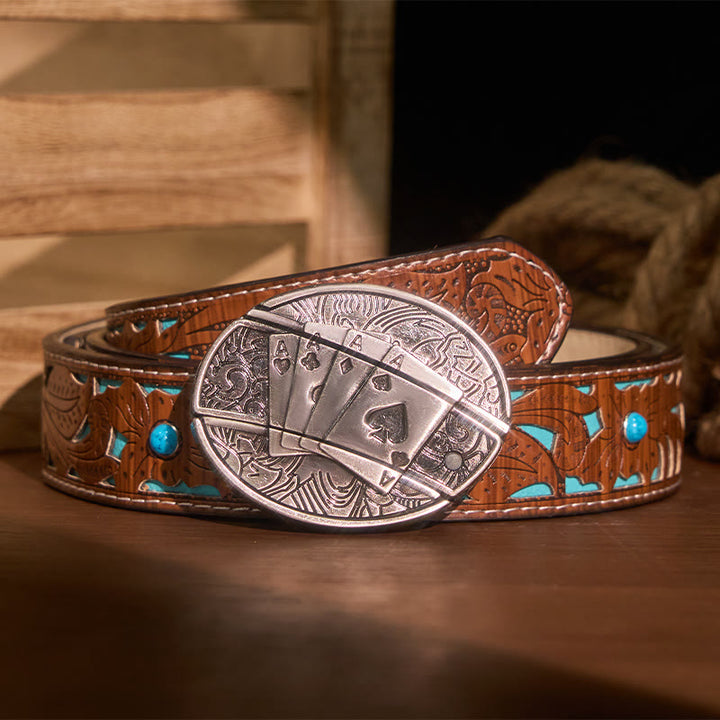 Ceinture en cuir pour homme avec couteau pliant caché Poker 4 Ace - Poker 4 As - Ceinture sculptée en turquoise - 42 - image 5