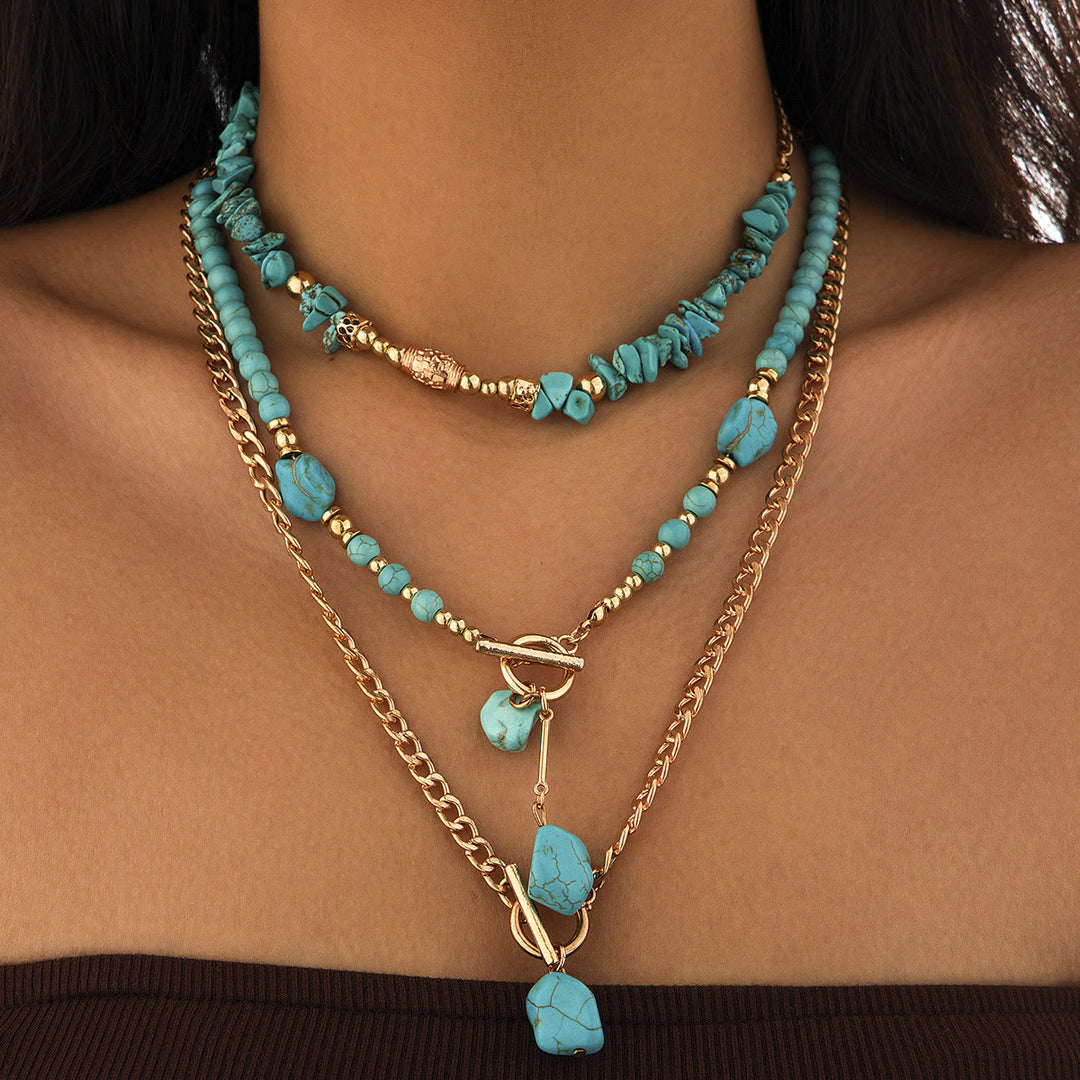 Collier à plusieurs rangs en or et turquoise avec pendentif en forme de Y - Or - image 0