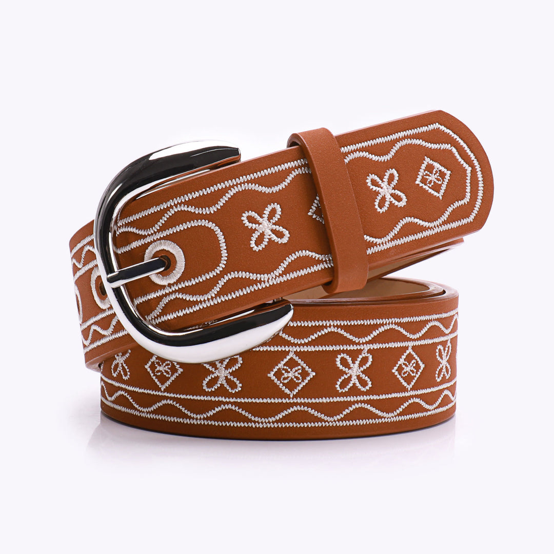 Ceinture rétro en cuir brodé à motif Far West - Brun - 38 - image 0