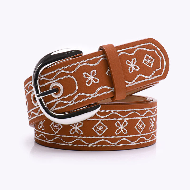 Ceinture rétro en cuir brodé à motif Far West - Brun - 38 - image 0