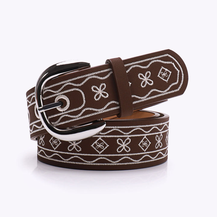 Ceinture rétro en cuir brodé à motif Far West - Café - 38 - image 1