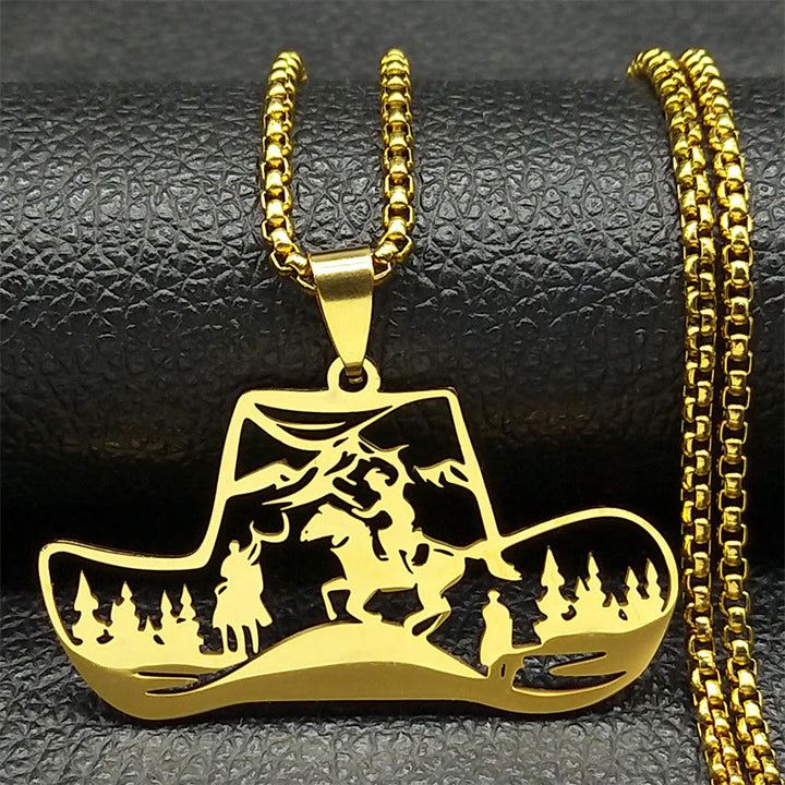 Collier pendentif en métal représentant un chapeau de cowboy western, avec chaîne et pendentif. - Doré - image 2