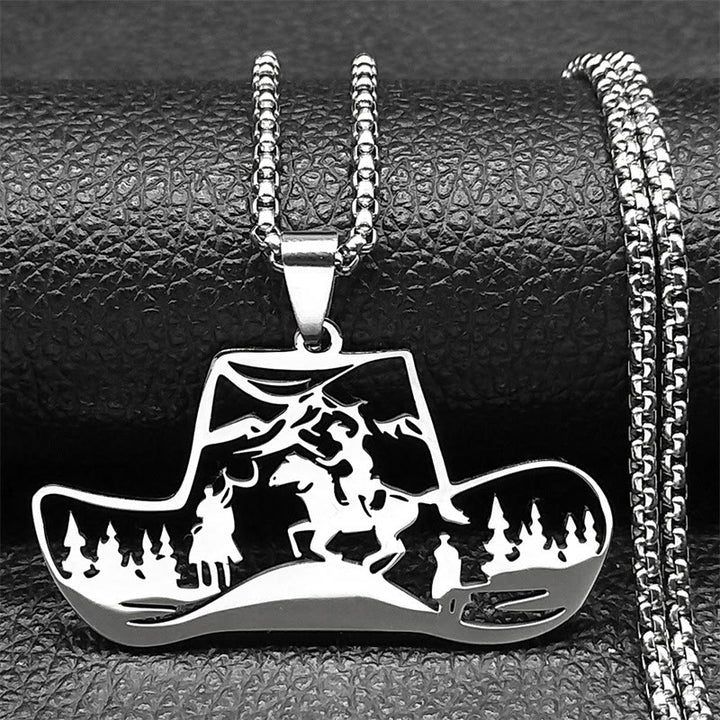 Collier pendentif en métal représentant un chapeau de cowboy western, avec chaîne et pendentif. - Argent - image 1