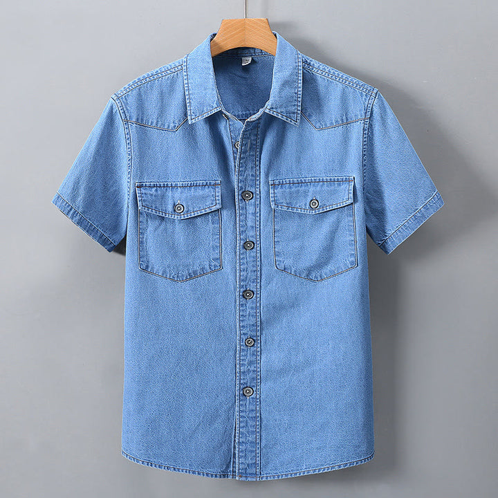 Chemise en jean rétro classique pour homme avec double poche - Bleu clair - 3XL - image 7