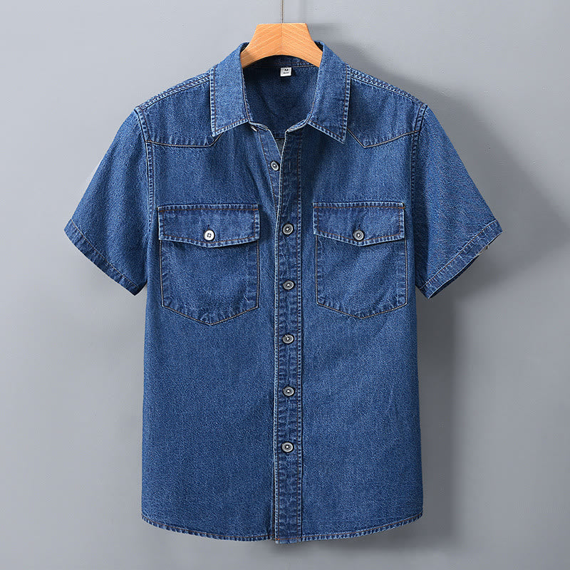 Chemise en jean rétro classique pour homme avec double poche - Bleu foncé - 3XL - image 1