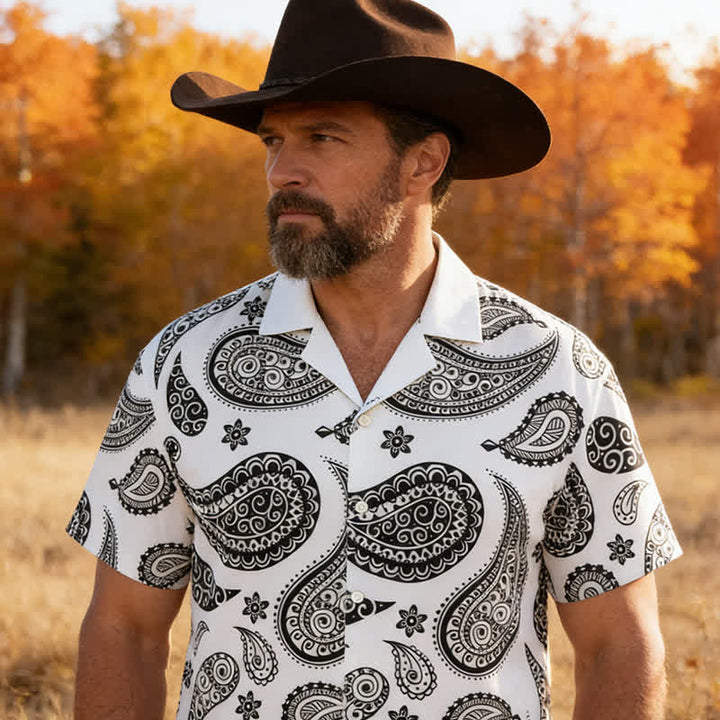 Chemise à manches courtes pour homme, motif cachemire western, col cubain - Blanc - 5XL - image 4