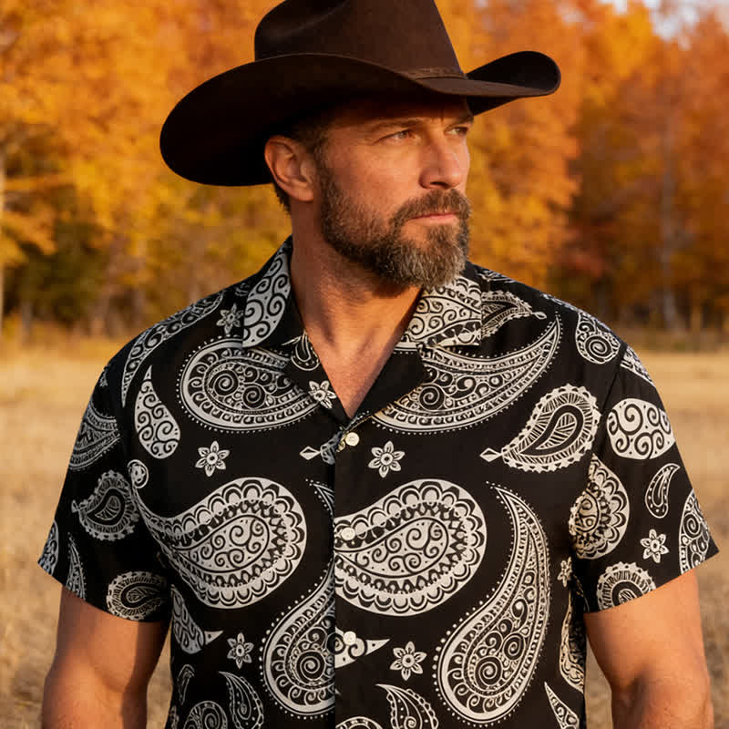 Chemise à manches courtes pour homme, motif cachemire western, col cubain - Noir - 5XL - image 5