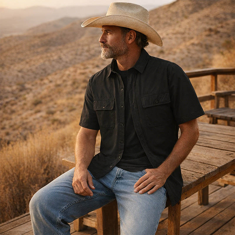Chemise de travail d'été pour homme, style cowboy, avec poches poitrine - Noir - 5XL - image 4