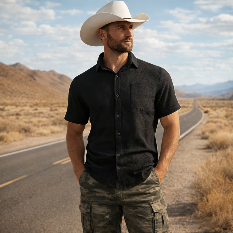 Chemise d'été pour homme, couleur unie, à revers et poche. - Noir - 3XL - image 7