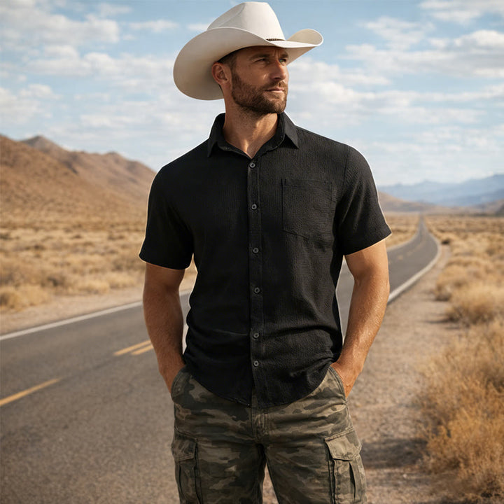 Chemise d'été pour homme, couleur unie, à revers et poche. - Noir - 3XL - image 7