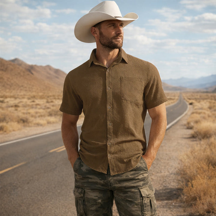 Chemise d'été pour homme, couleur unie, à revers et poche. - Brun - 3XL - image 6