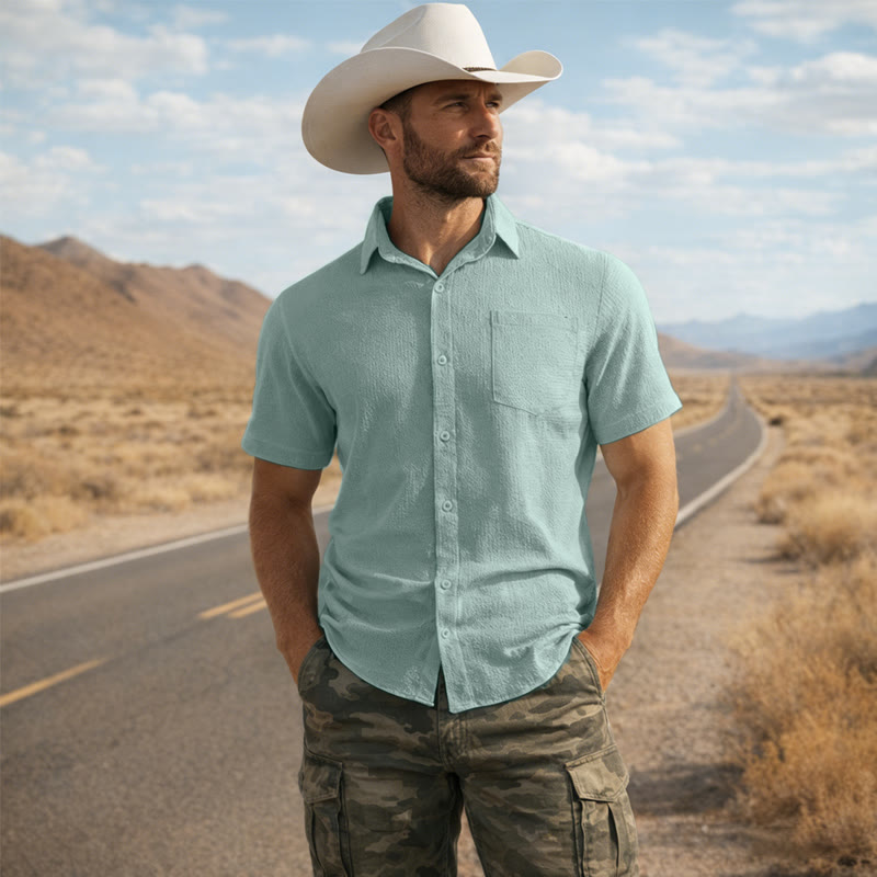 Chemise d'été pour homme, couleur unie, à revers et poche. - Vert - 3XL - image 4