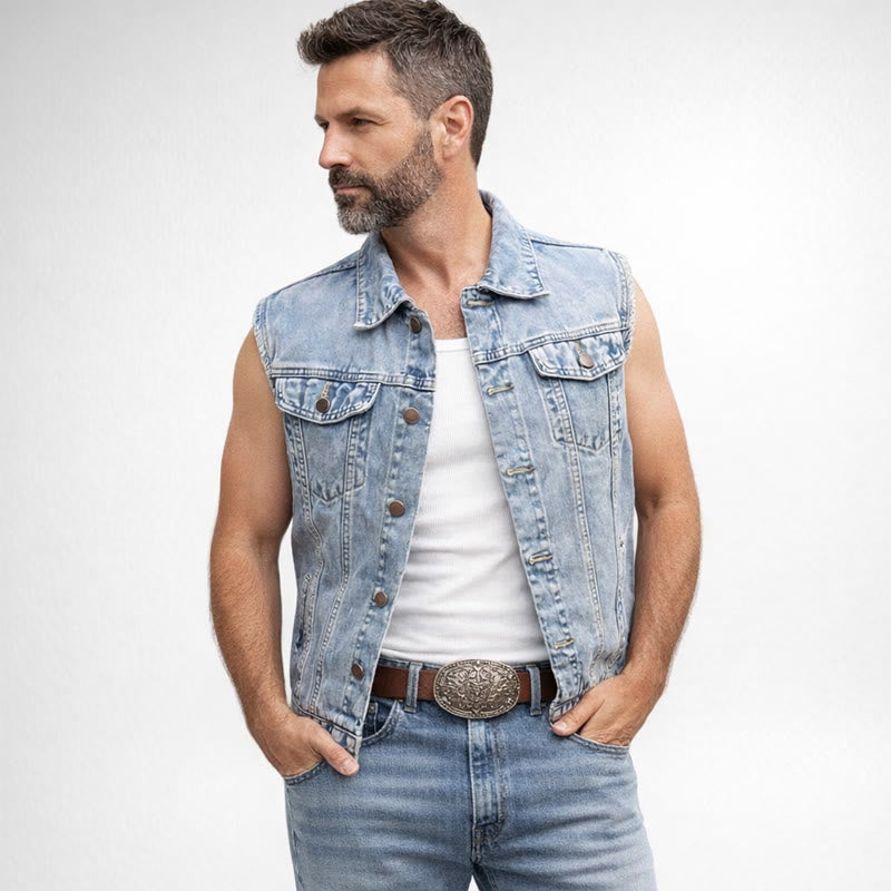 Gilet en jean style western pour homme, à double poche - image 2