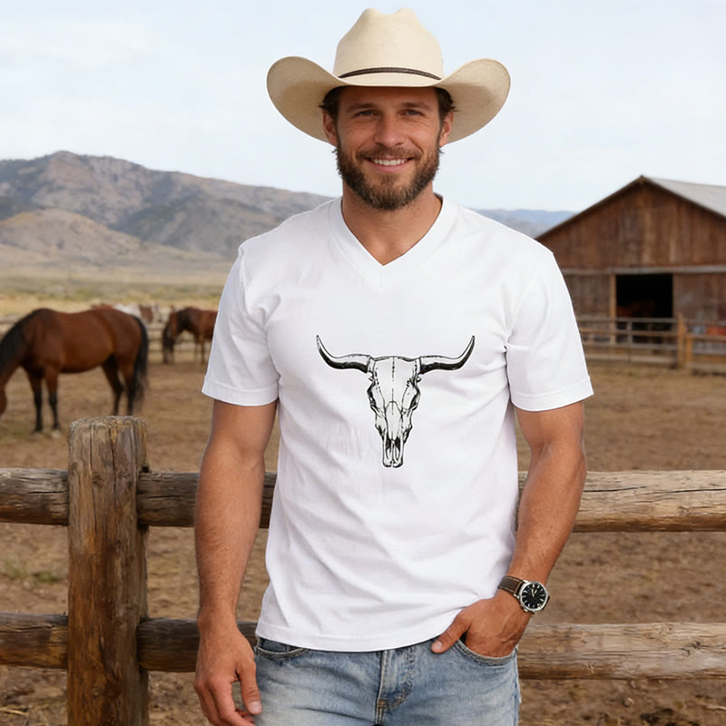 T-shirt à col en V pour homme, style western, imprimé tête de taureau - image 1