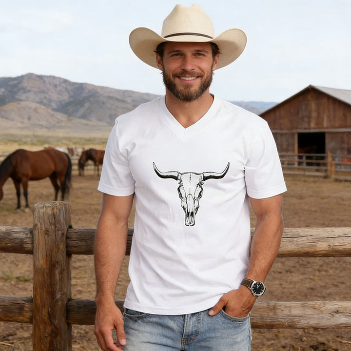 T-shirt à col en V pour homme, style western, imprimé tête de taureau - image 1