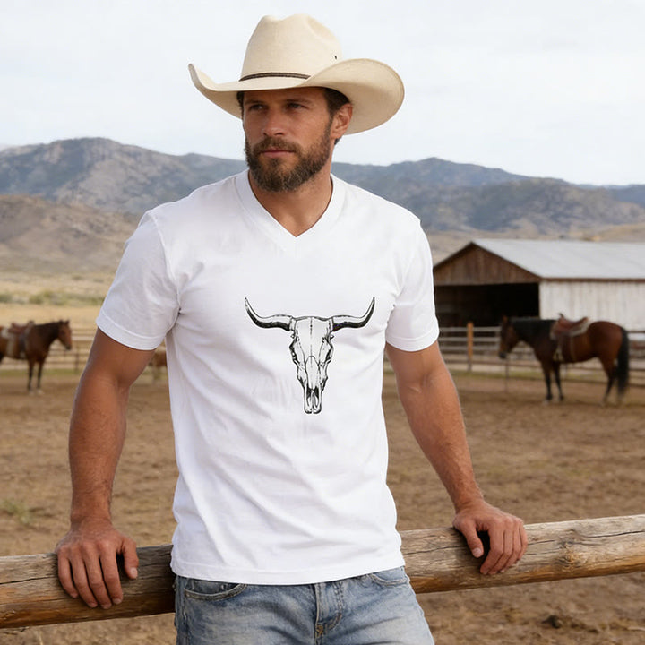 T-shirt à col en V pour homme, style western, imprimé tête de taureau - Blanc - 3XL - image 0