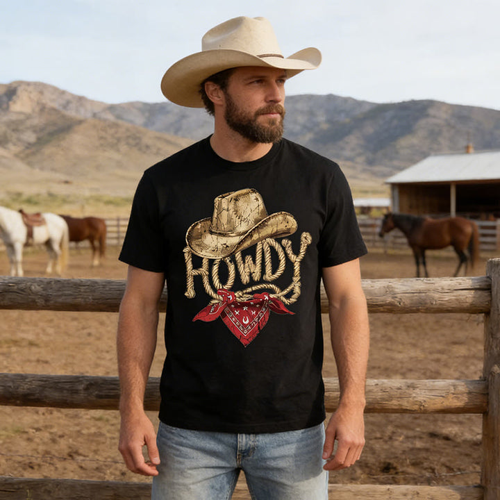 T-shirt imprimé style western vintage pour homme « Howdy cowboy » - Noir - 3XL - image 0
