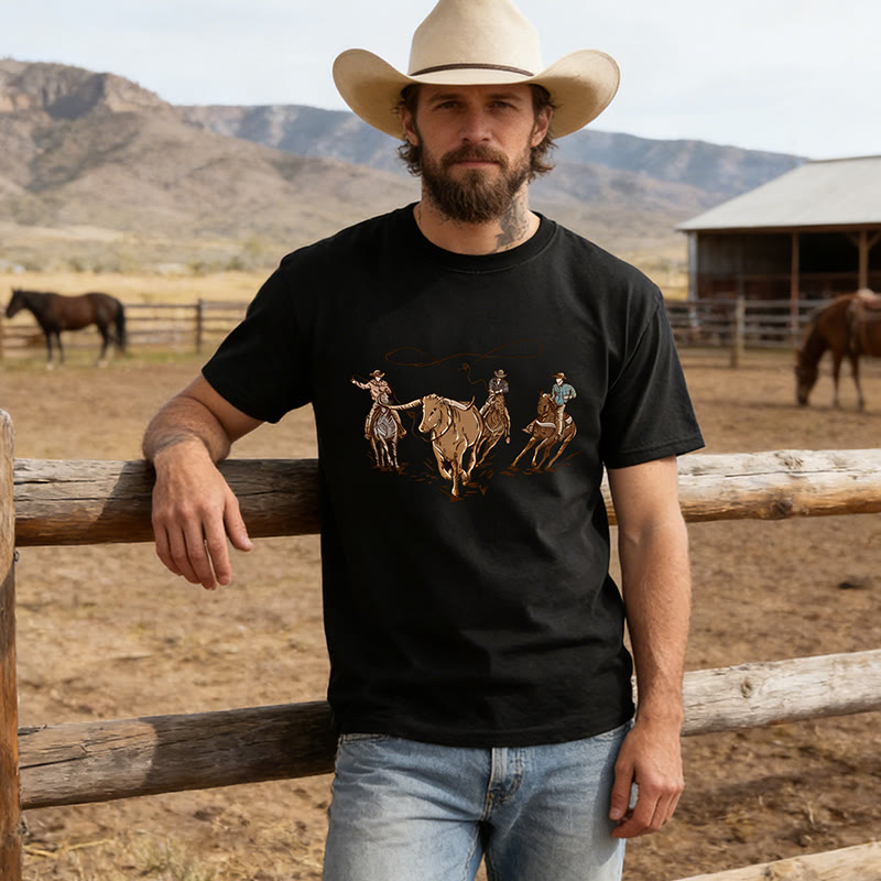 T-shirt imprimé style western rodéo pour homme, motif vache - Noir - 4XL - image 0