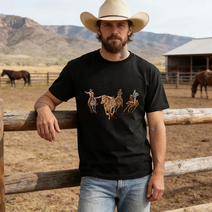 T-shirt imprimé style western rodéo pour homme, motif vache - Noir - 4XL - image 0
