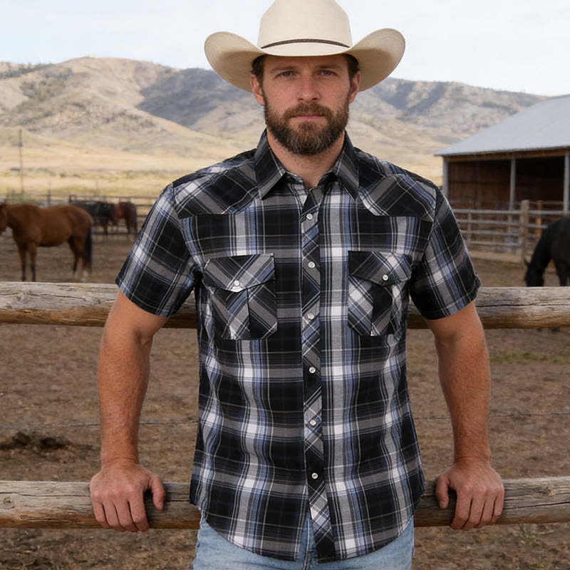 Chemise de cowboy à carreaux noirs et blancs style western pour homme - image 1