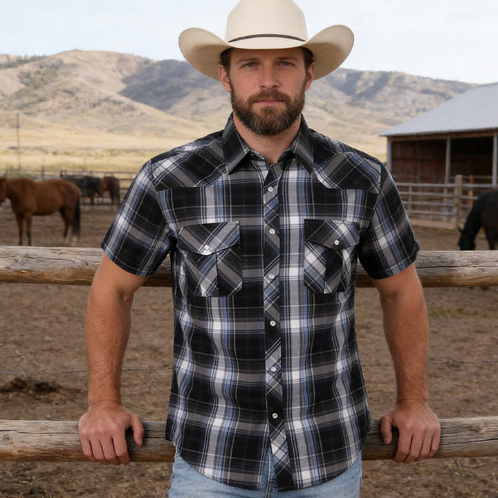 Chemise de cowboy à carreaux noirs et blancs style western pour homme - image 1