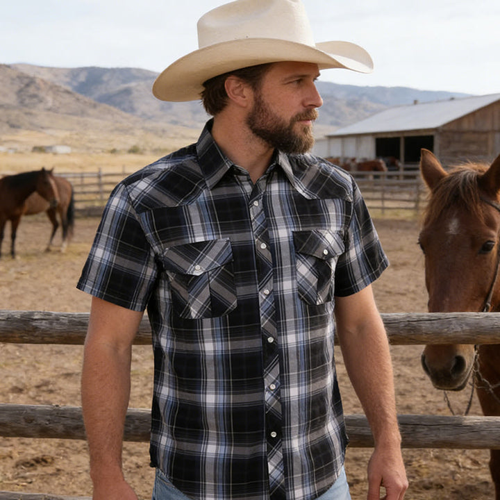 Chemise de cowboy à carreaux noirs et blancs style western pour homme - image 2