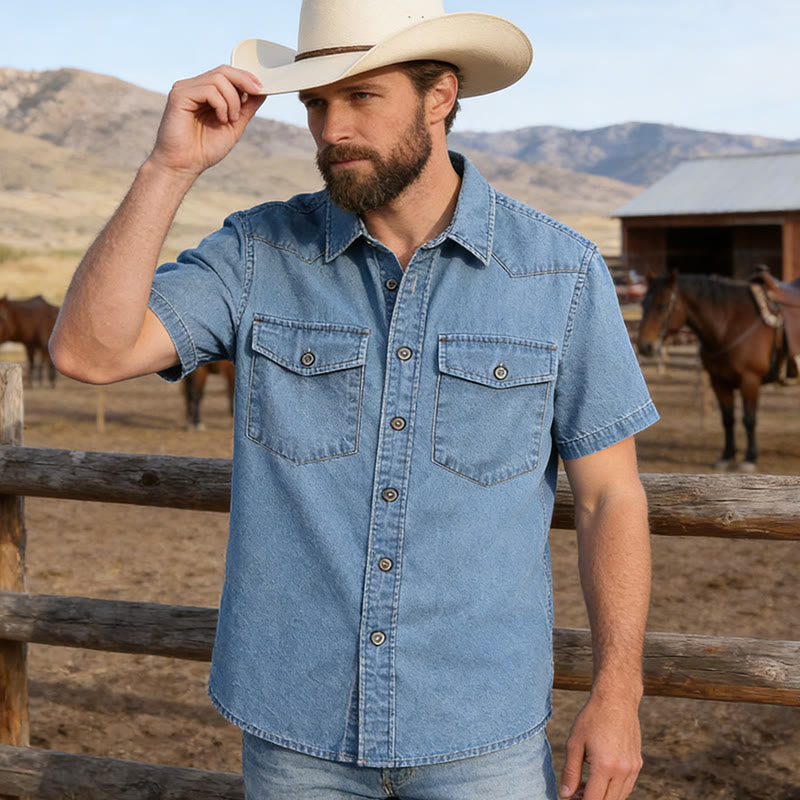 Chemise en jean rétro classique pour homme avec double poche - image 6